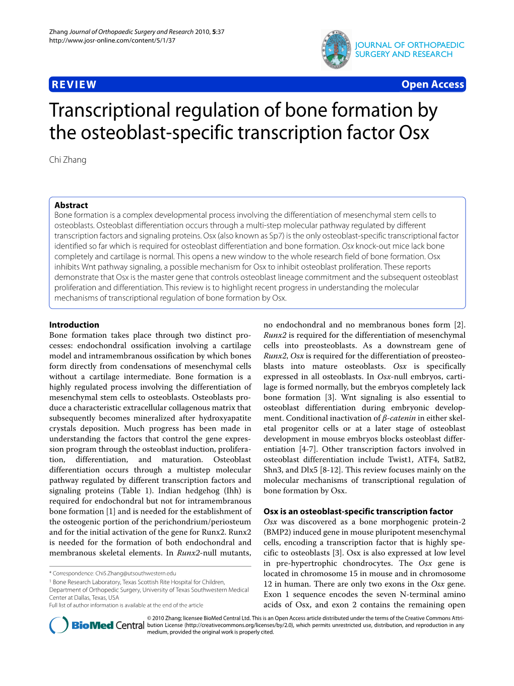 Transcriptional Regulation of Bone Formation by the Osteoblast-Specific Transcription Factor