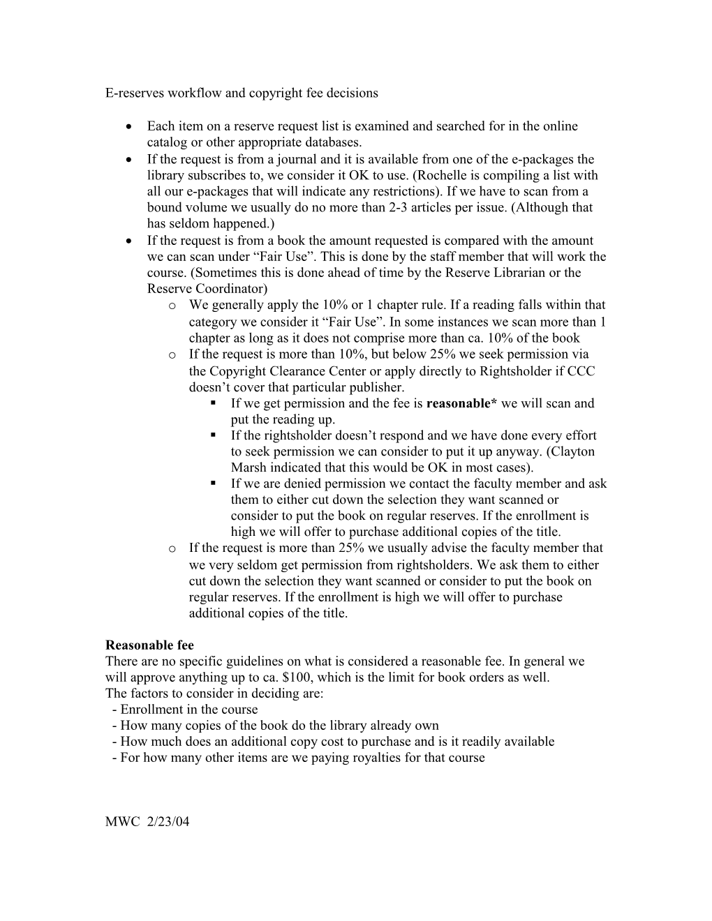 E-Reserves Workflow and Copyright Fee Decisions