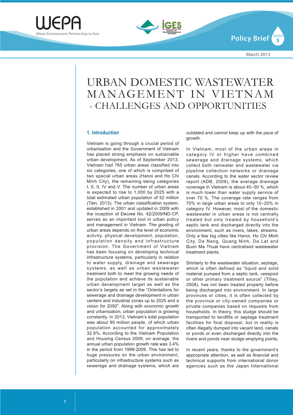 Urban Domestic Wastewater Management in Vietnam - Challenges and Opportunities