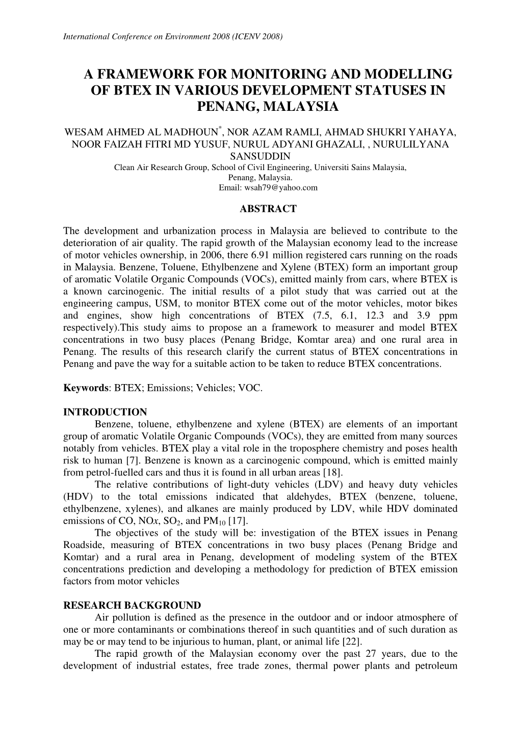 A Framework for Monitoring and Modelling of Btex in Various Development Statuses in Penang, Malaysia