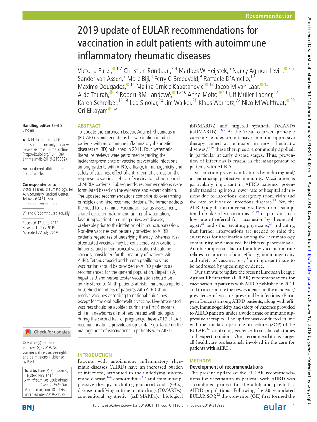 2019 Update of EULAR Recommendations for Vaccination In