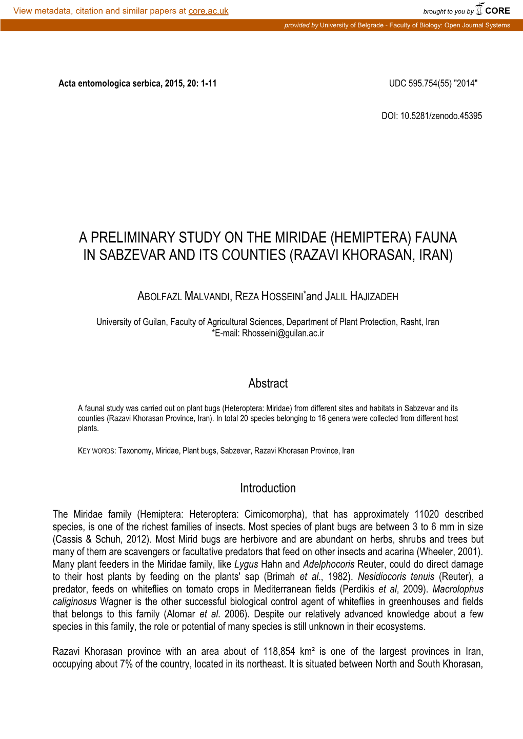 A Preliminary Study on the Miridae (Hemiptera) Fauna in Sabzevar and Its Counties (Razavi Khorasan, Iran)