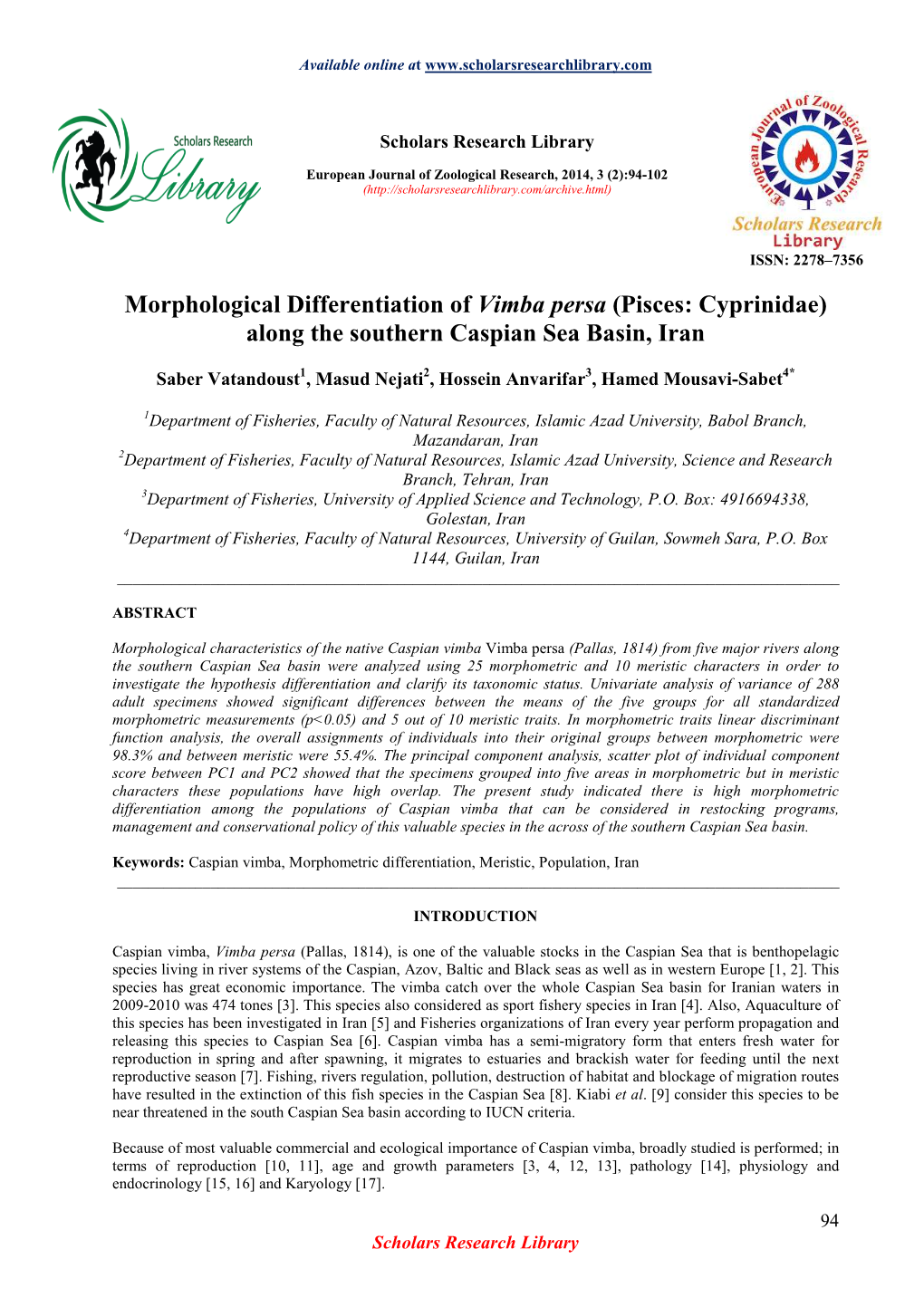 Morphological Differentiation of Vimba Persa (Pisces: Cyprinidae) Along the Southern Caspian Sea Basin, Iran