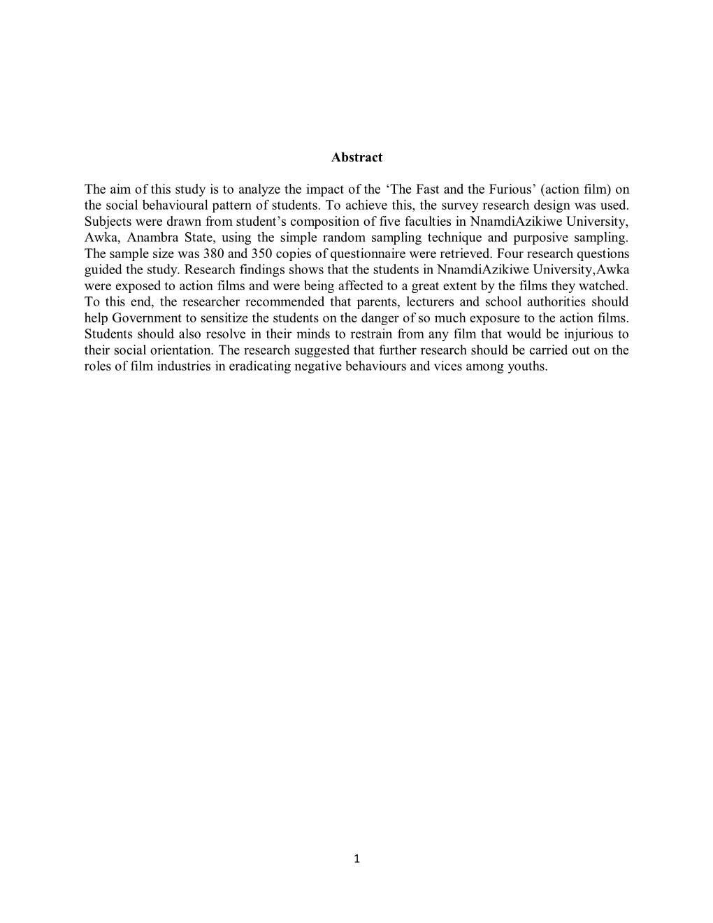 The Fast and the Furious‟ (Action Film) on the Social Behavioural Pattern of Students