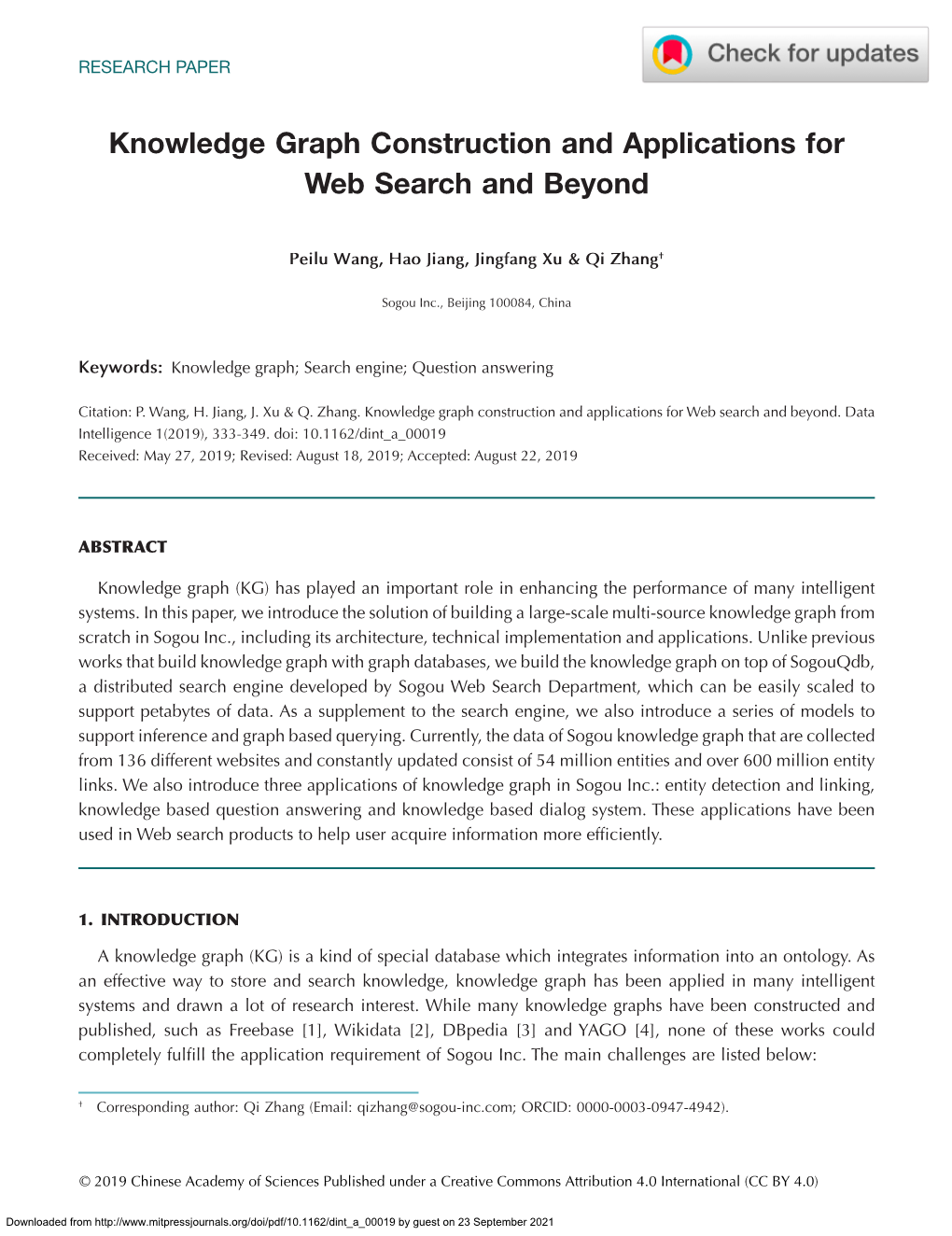 Knowledge Graph Construction and Applications for Web Search and Beyond