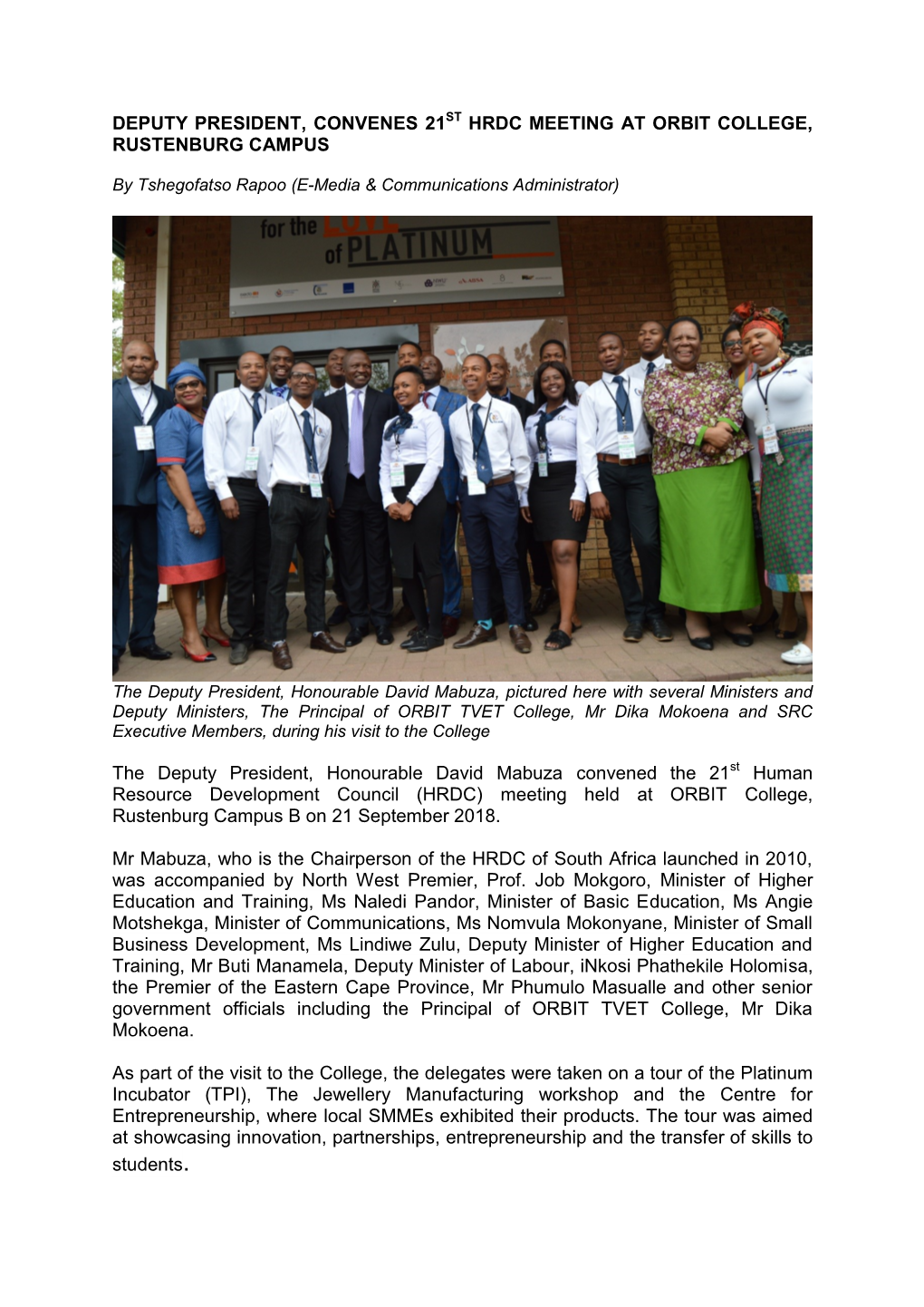 Deputy President, Convenes 21St Hrdc Meeting at Orbit College, Rustenburg Campus