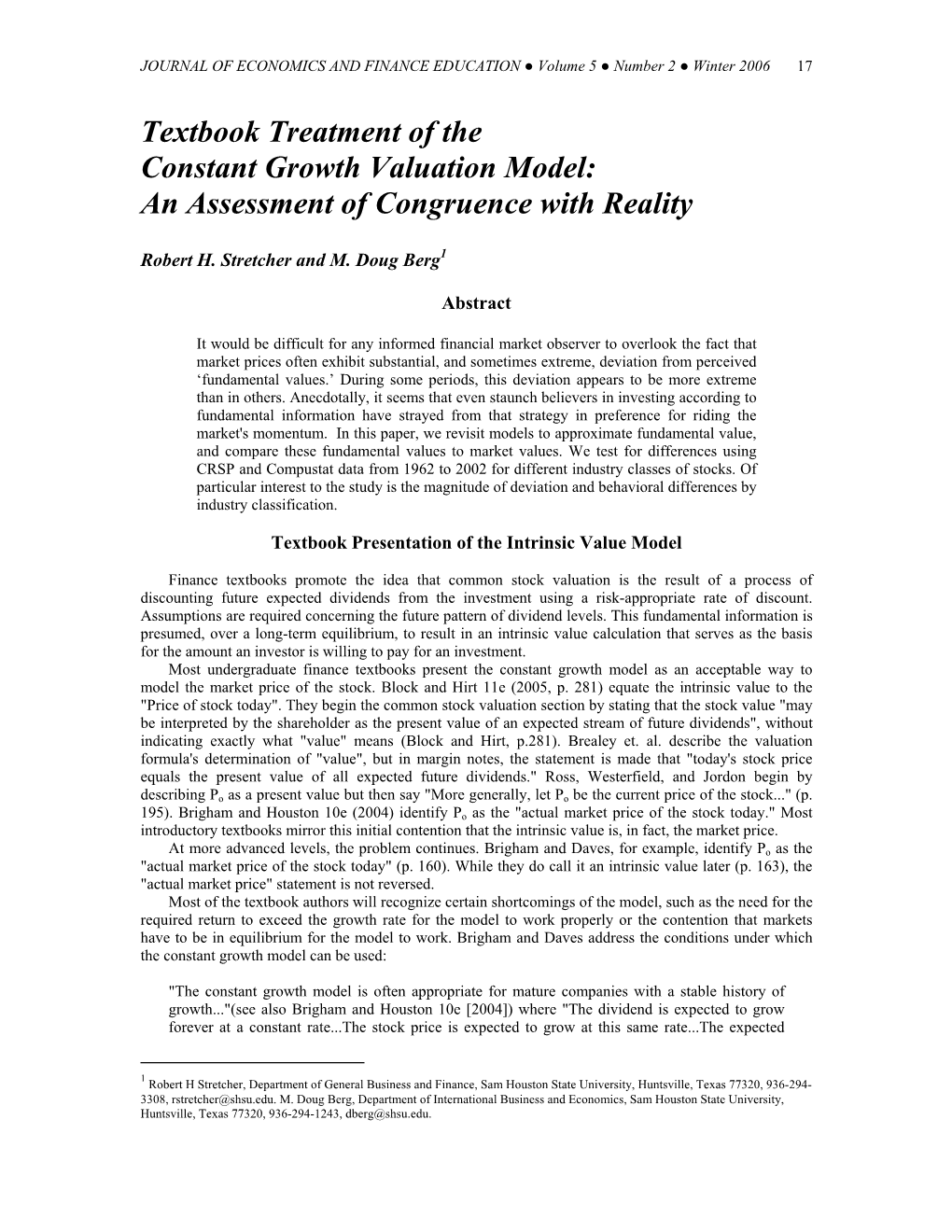 Textbook Treatment of the Constant Growth Valuation Model: an Assessment of Congruence with Reality