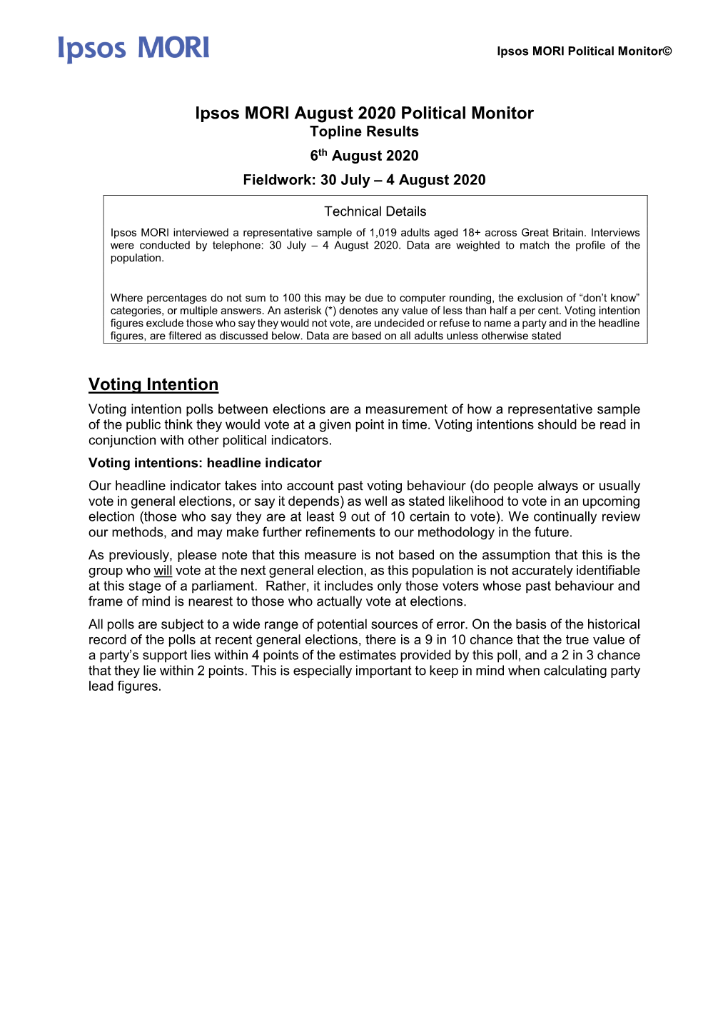 Ipsos MORI August 2020 Political Monitor Voting Intention