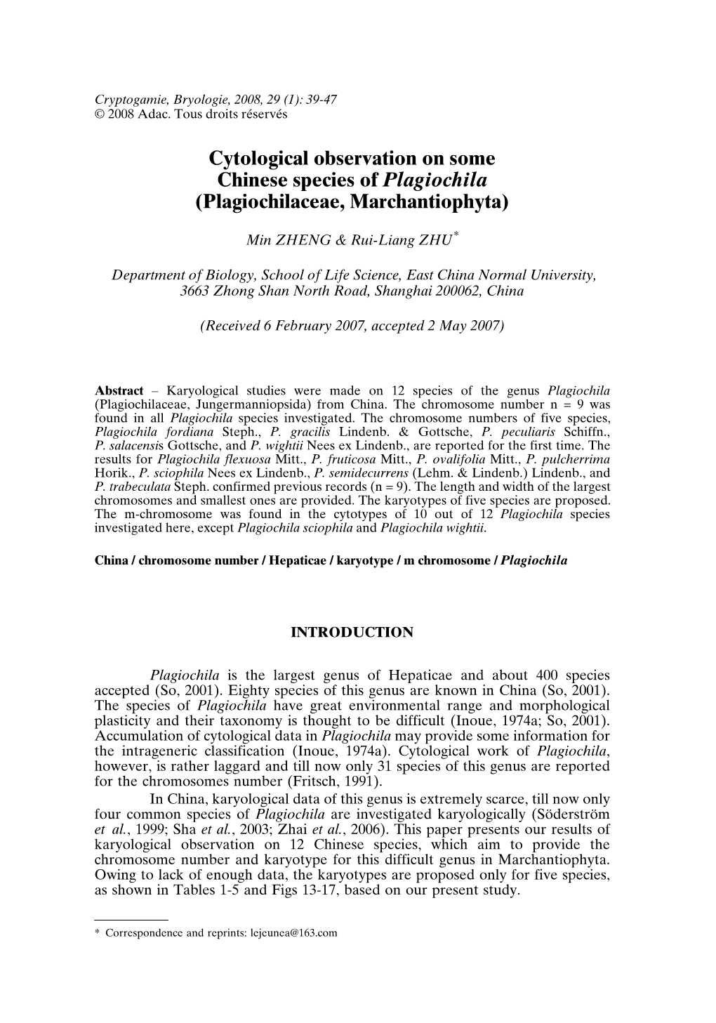 Cytological Observation on Some Chinese Species of Plagiochila (Plagiochilaceae, Marchantiophyta)