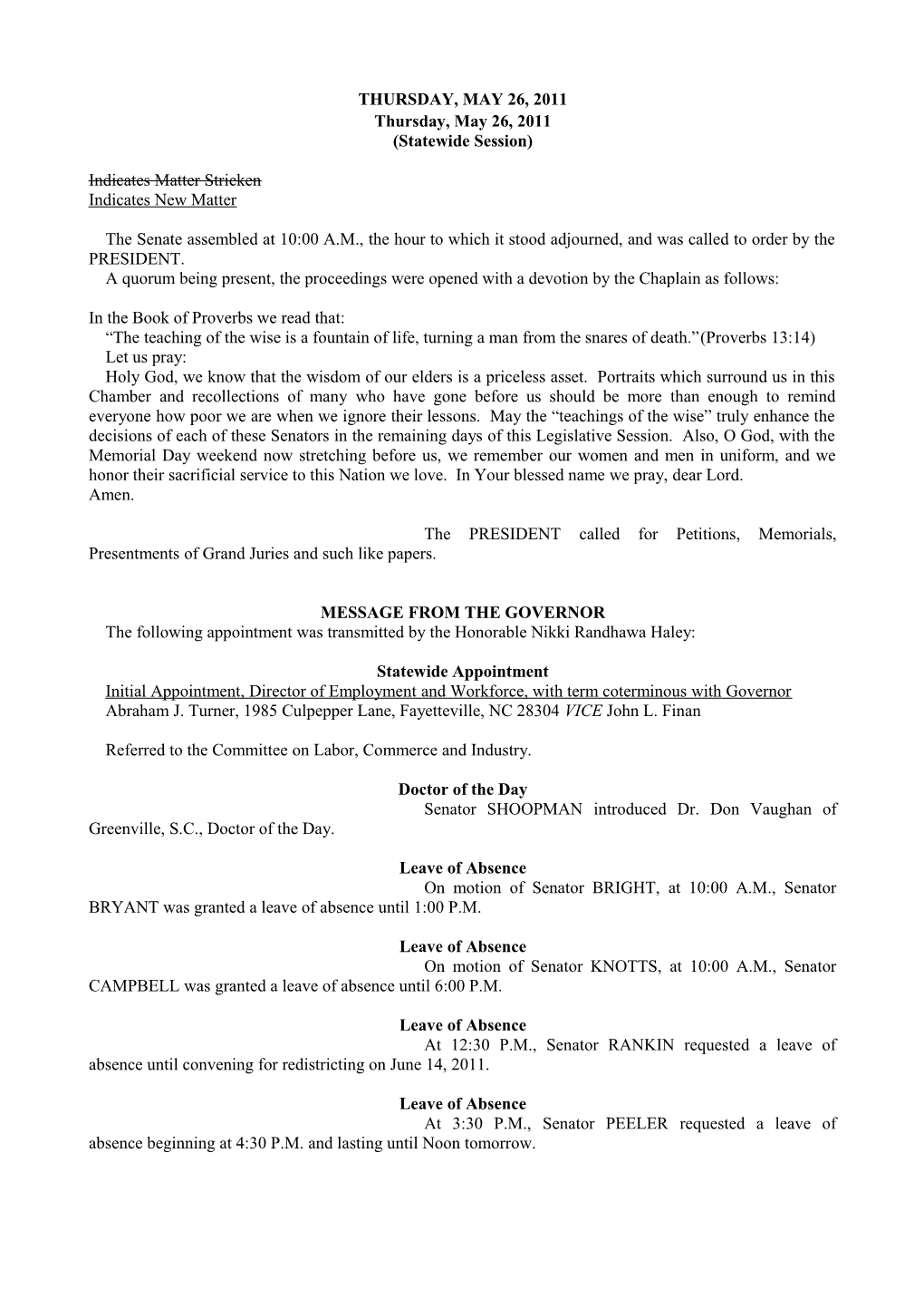 Senate Journal for May 26, 2011 - South Carolina Legislature Online