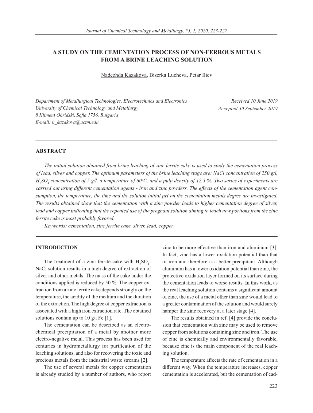 A Study on the Cementation Process of Non-Ferrous Metals from a Brine Leaching Solution