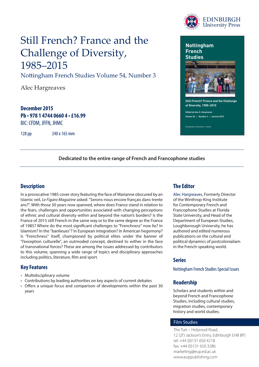 Still French? France and the Challenge of Diversity, 1985–2015 Nottingham French Studies Volume 54, Number 3