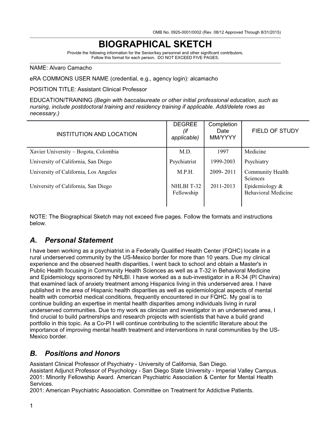 OMB No. 0925-0001/0002 (Rev. 08/12), Biographical Sketch Format Page