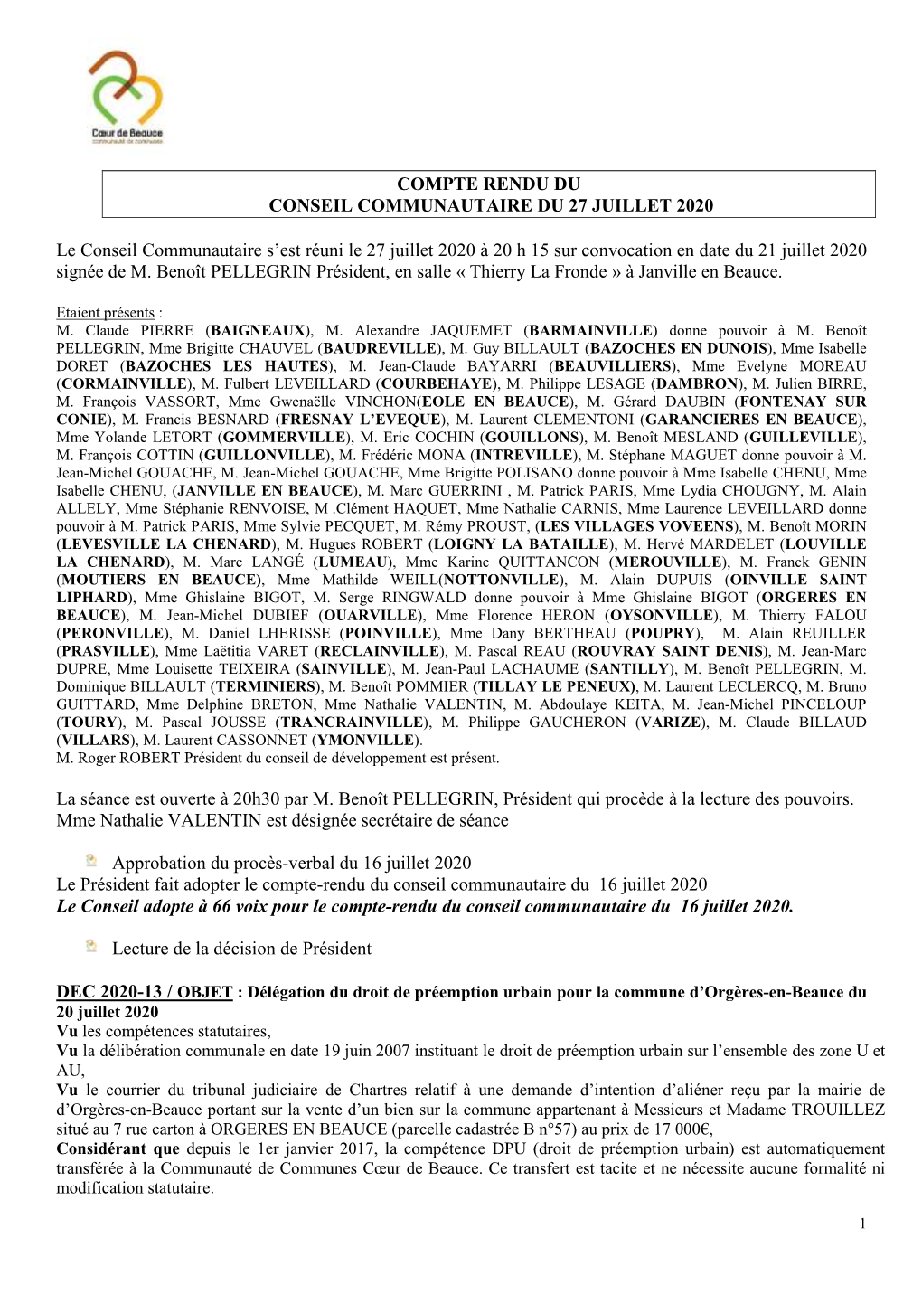 Cr Du Conseil Communautaire Du 27 Juillet 2020 V2