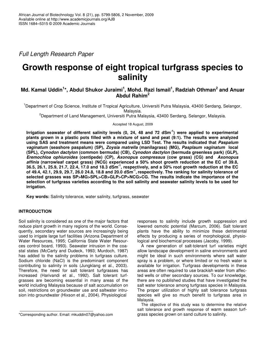 Growth Response of Eight Tropical Turfgrass Species to Salinity