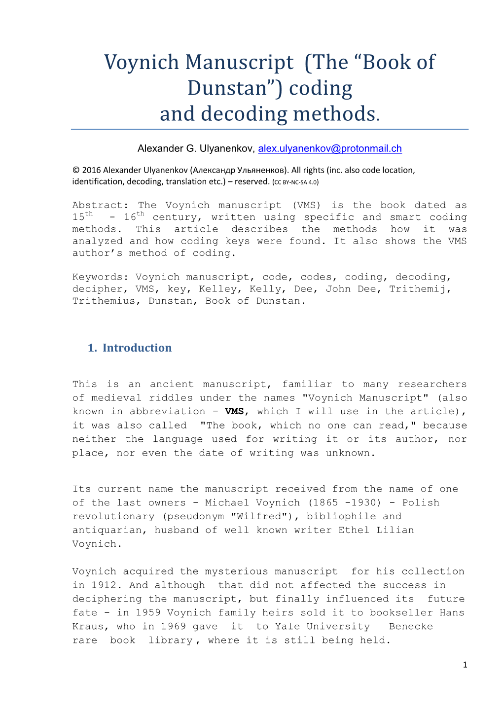 Voynich Manuscript (The “Book of Dunstan”) Coding and Decoding Methods