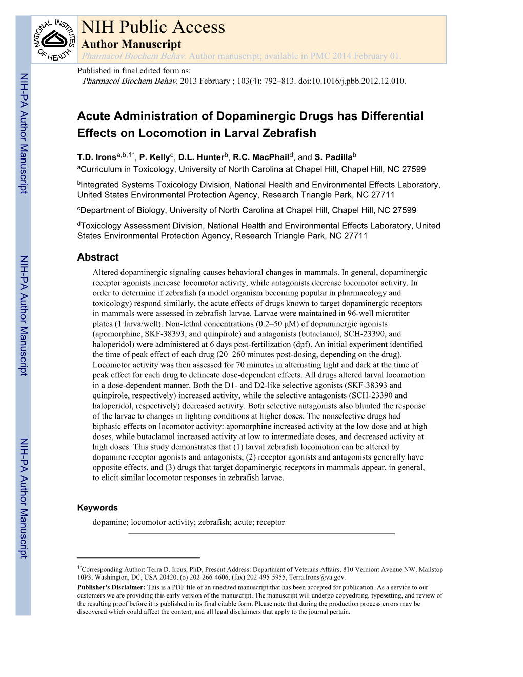 NIH Public Access Author Manuscript Pharmacol Biochem Behav