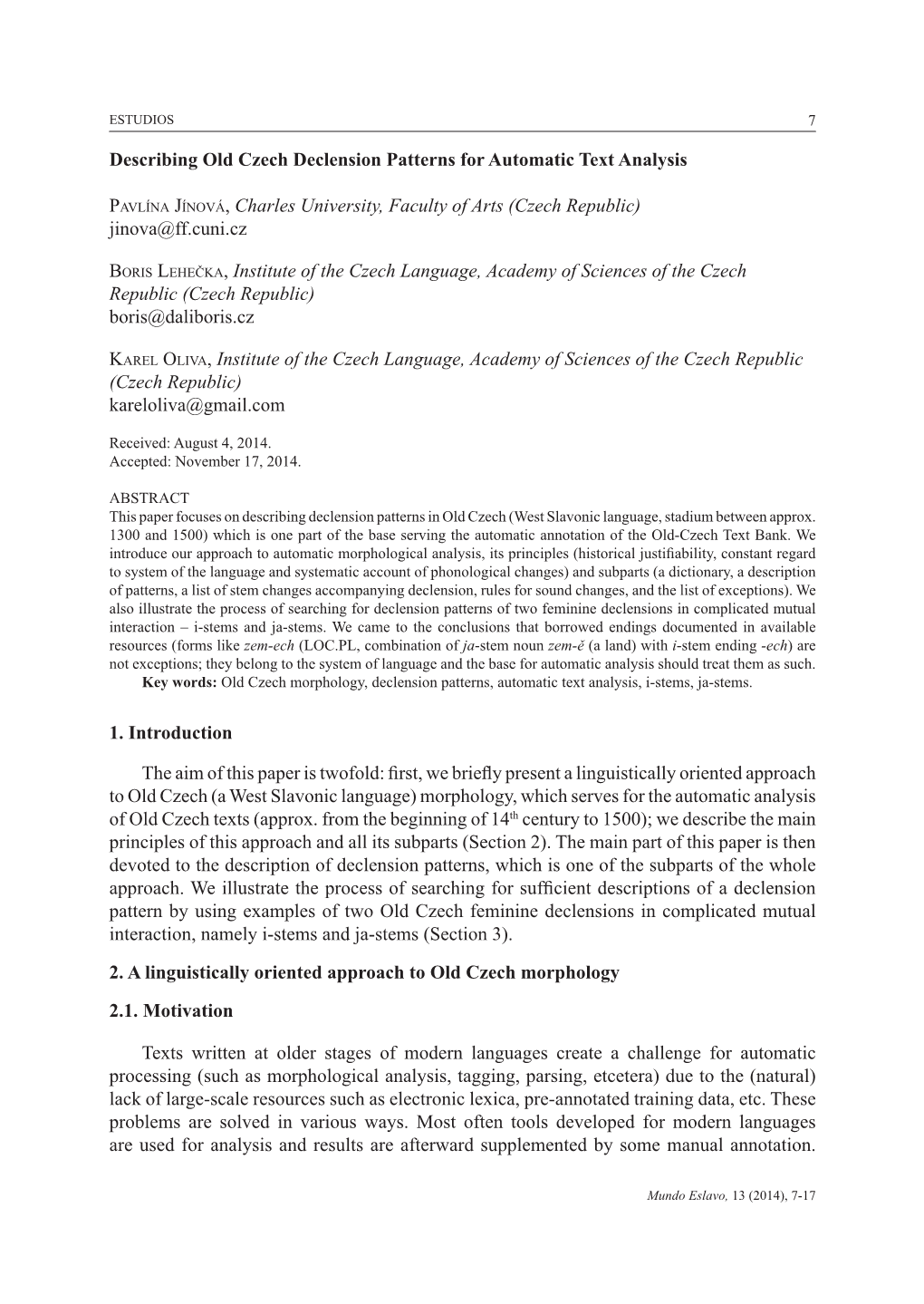 Describing Old Czech Declension Patterns for Automatic Text Analysis