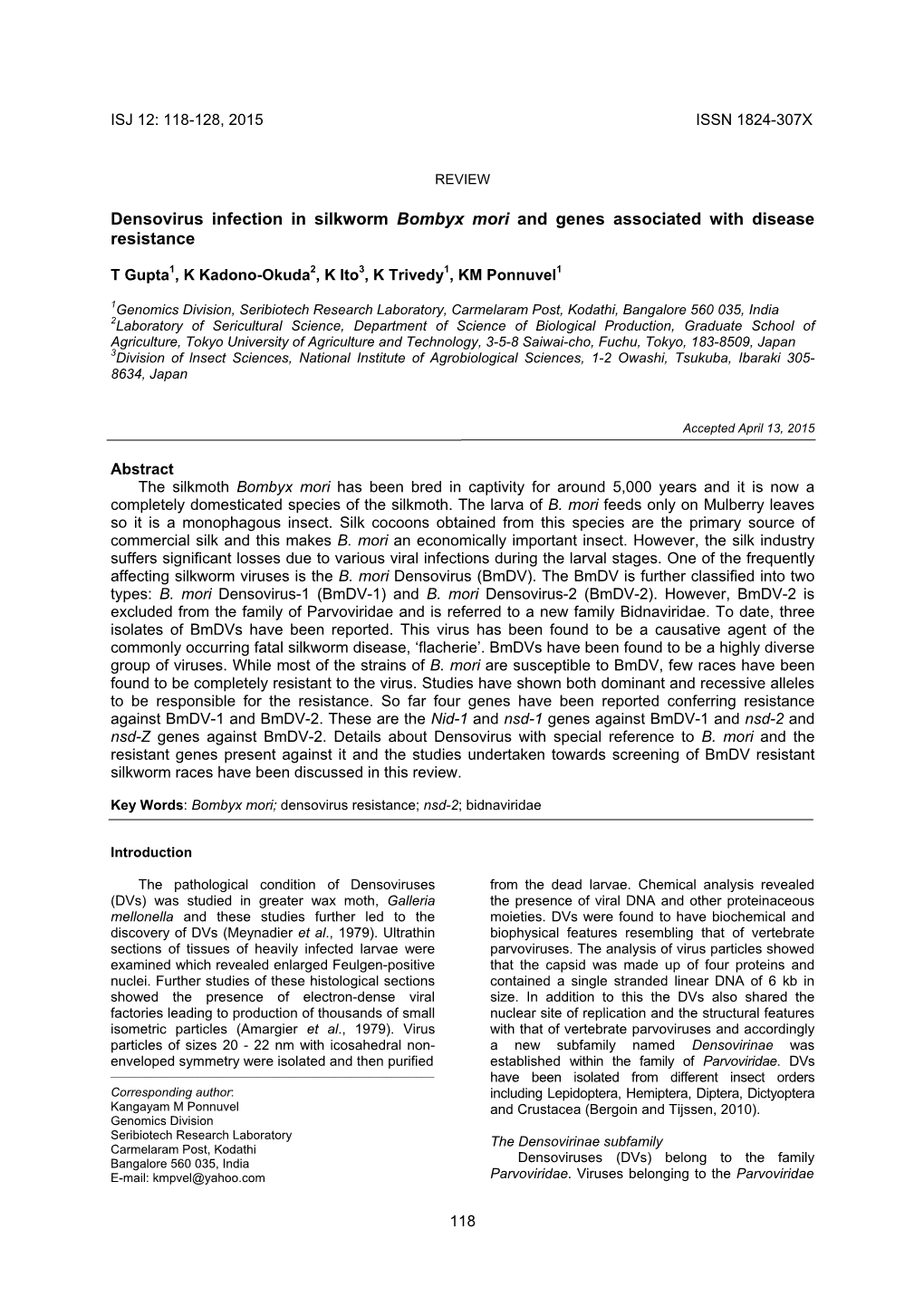 Densovirus Infection in Silkworm Bombyx Mori and Genes Associated with Disease Resistance