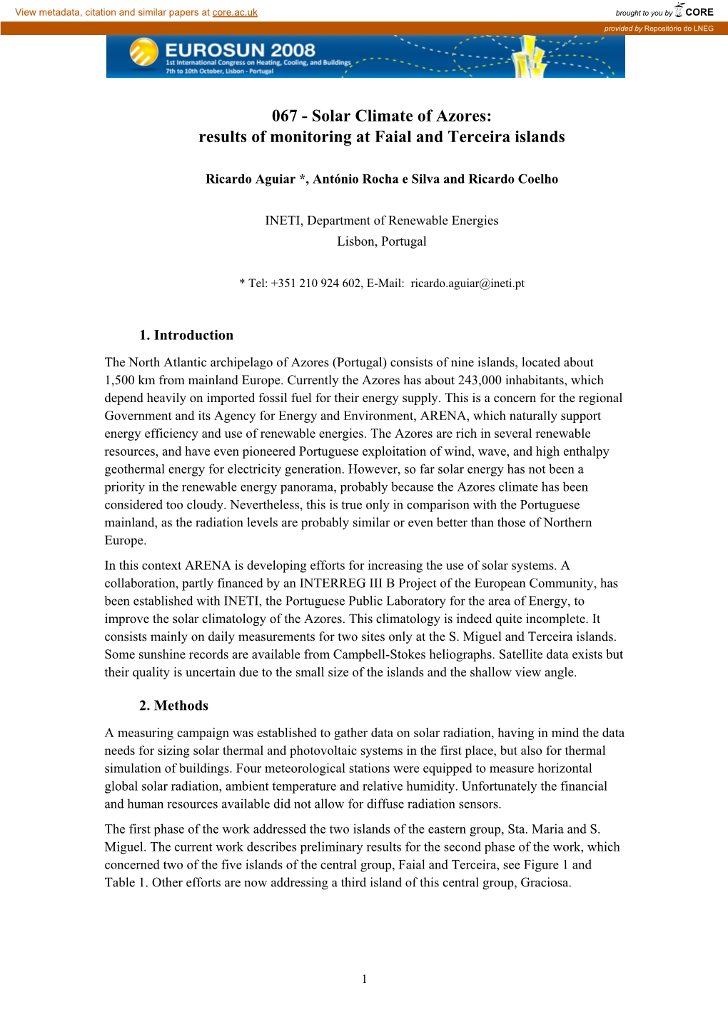 067 - Solar Climate of Azores: Results of Monitoring at Faial and Terceira Islands