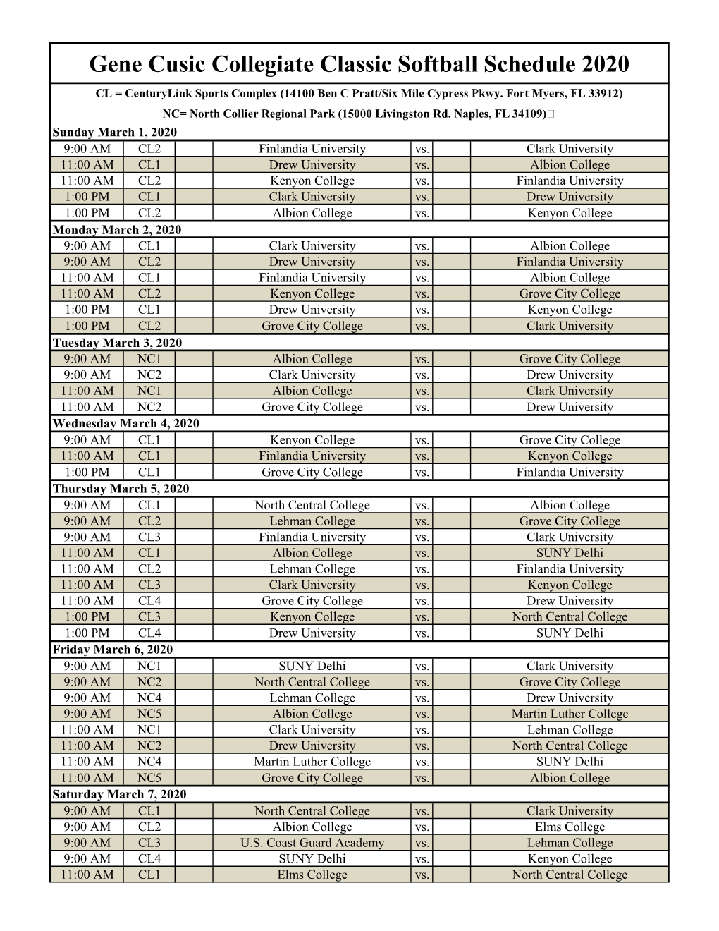 Gene Cusic Collegiate Classic Softball Schedule 2020 CL = Centurylink Sports Complex (14100 Ben C Pratt/Six Mile Cypress Pkwy