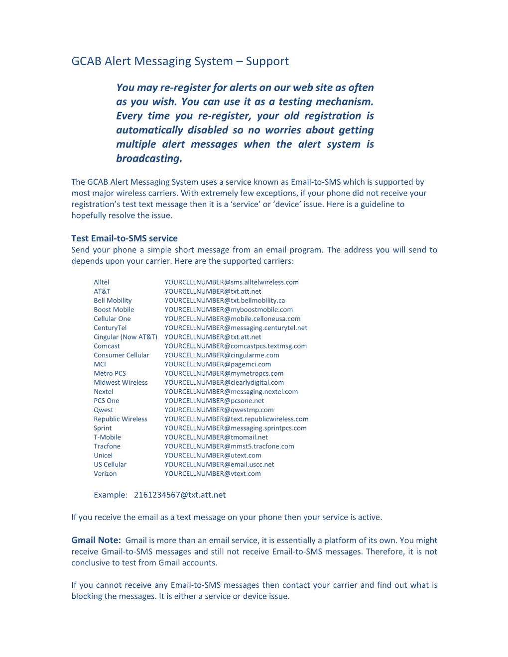 GCAB Alert Messaging System – Support