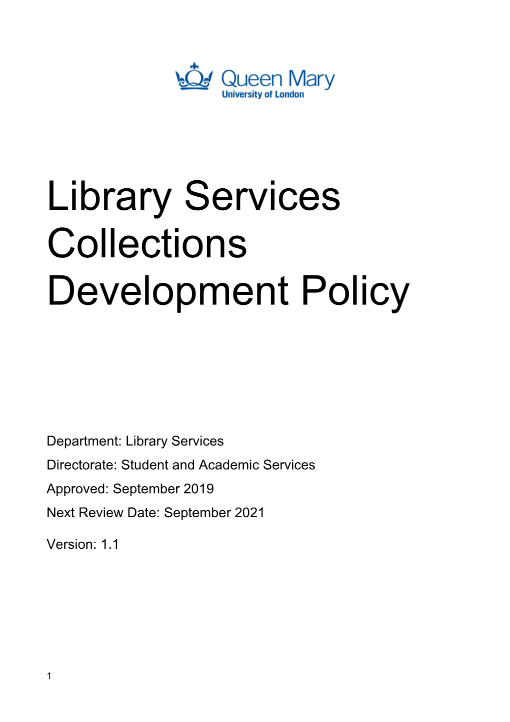 Library Services Collections Development Policy