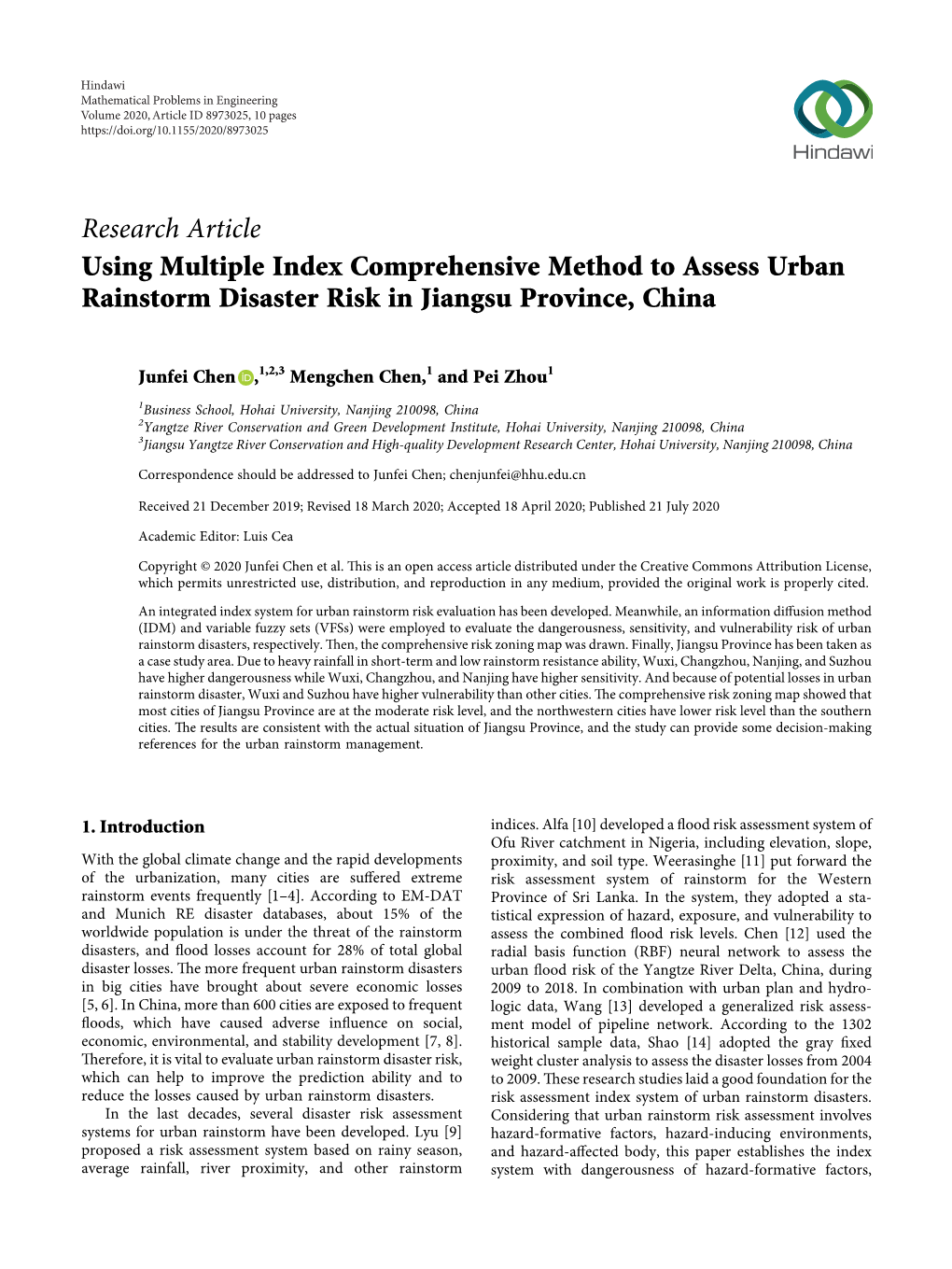 Using Multiple Index Comprehensive Method to Assess Urban Rainstorm Disaster Risk in Jiangsu Province, China