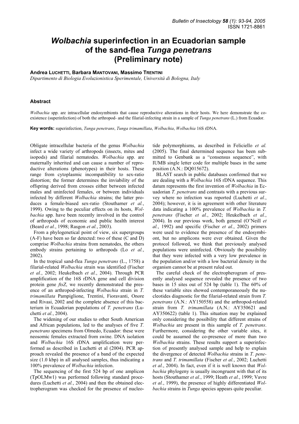 Wolbachia Superinfection in an Ecuadorian Sample of the Sand-Flea Tunga Penetrans (Preliminary Note)