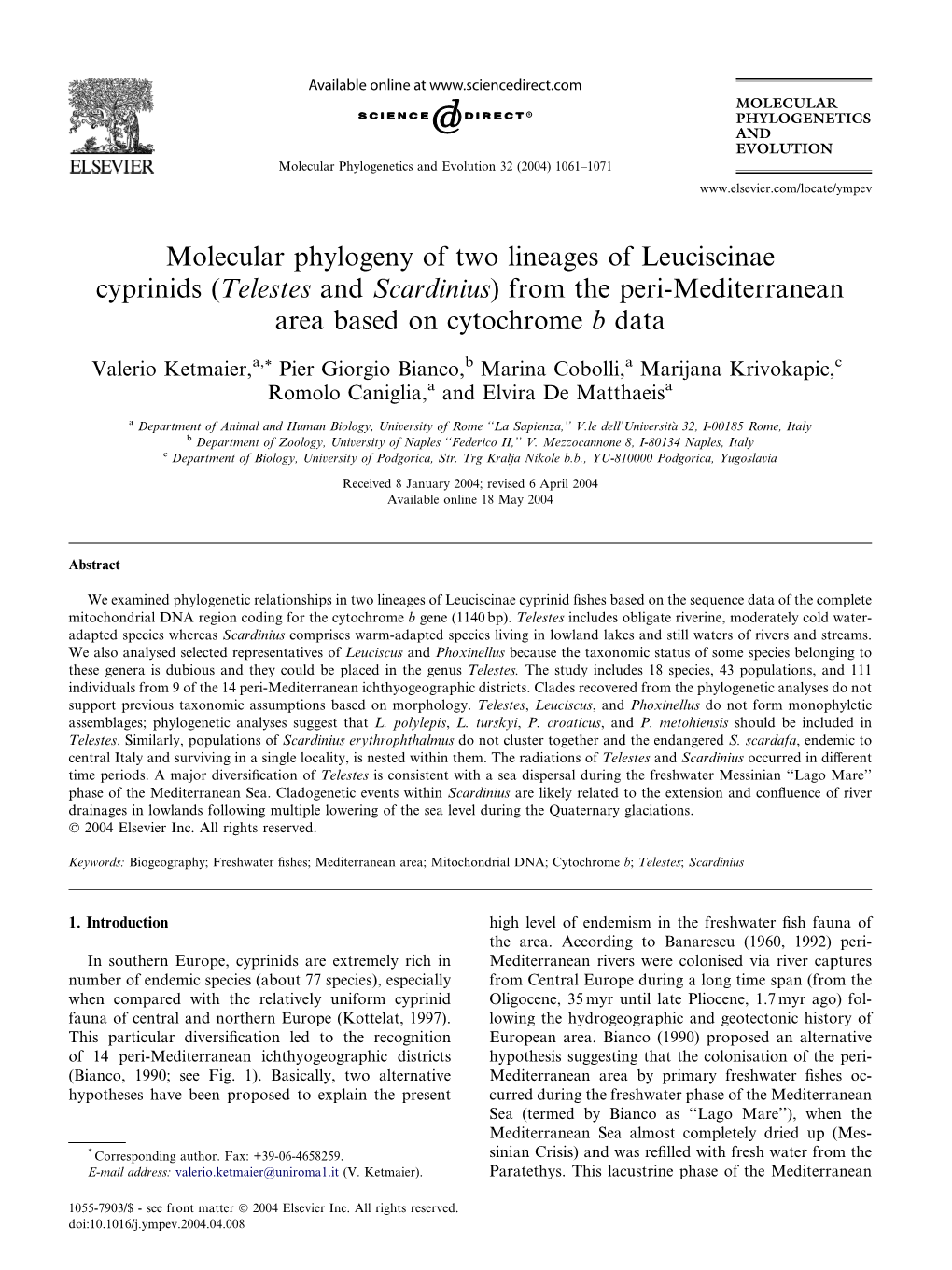 Molecular Phylogeny of Two Lineages of Leuciscinae Cyprinids (Telestes and Scardinius) from the Peri-Mediterranean Area Based on Cytochrome B Data