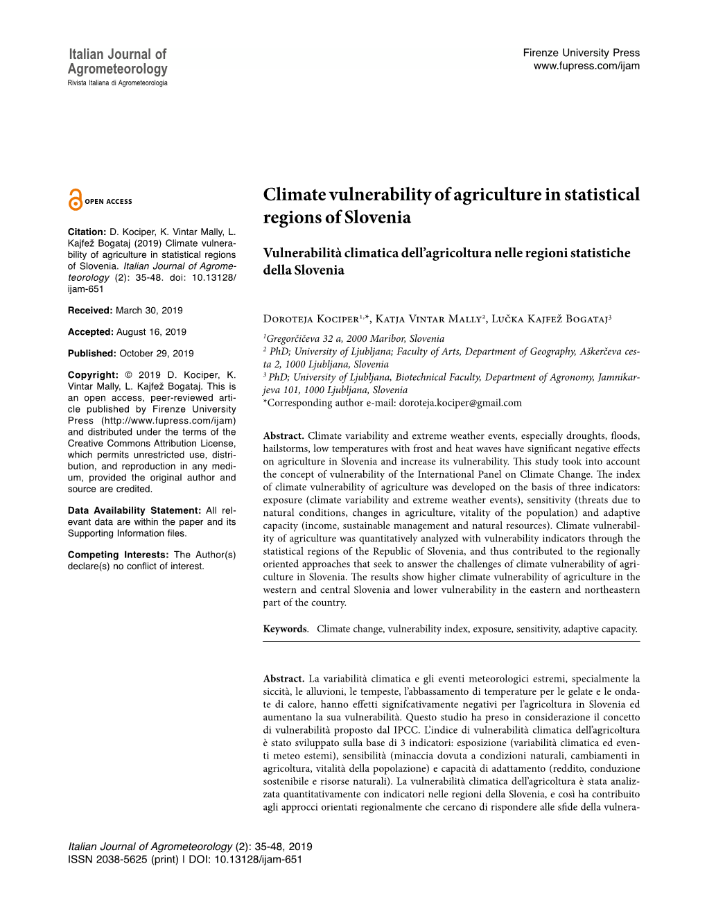 Climate Vulnerability of Agriculture in Statistical Regions of Slovenia Citation: D