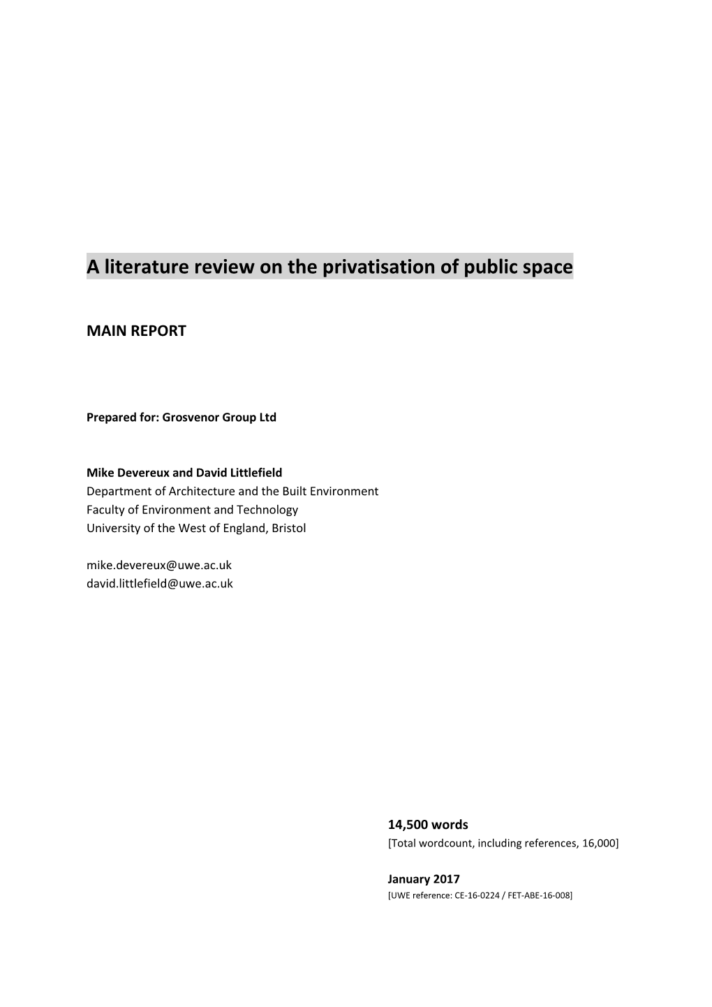 A Literature Review on the Privatisation of Public Space