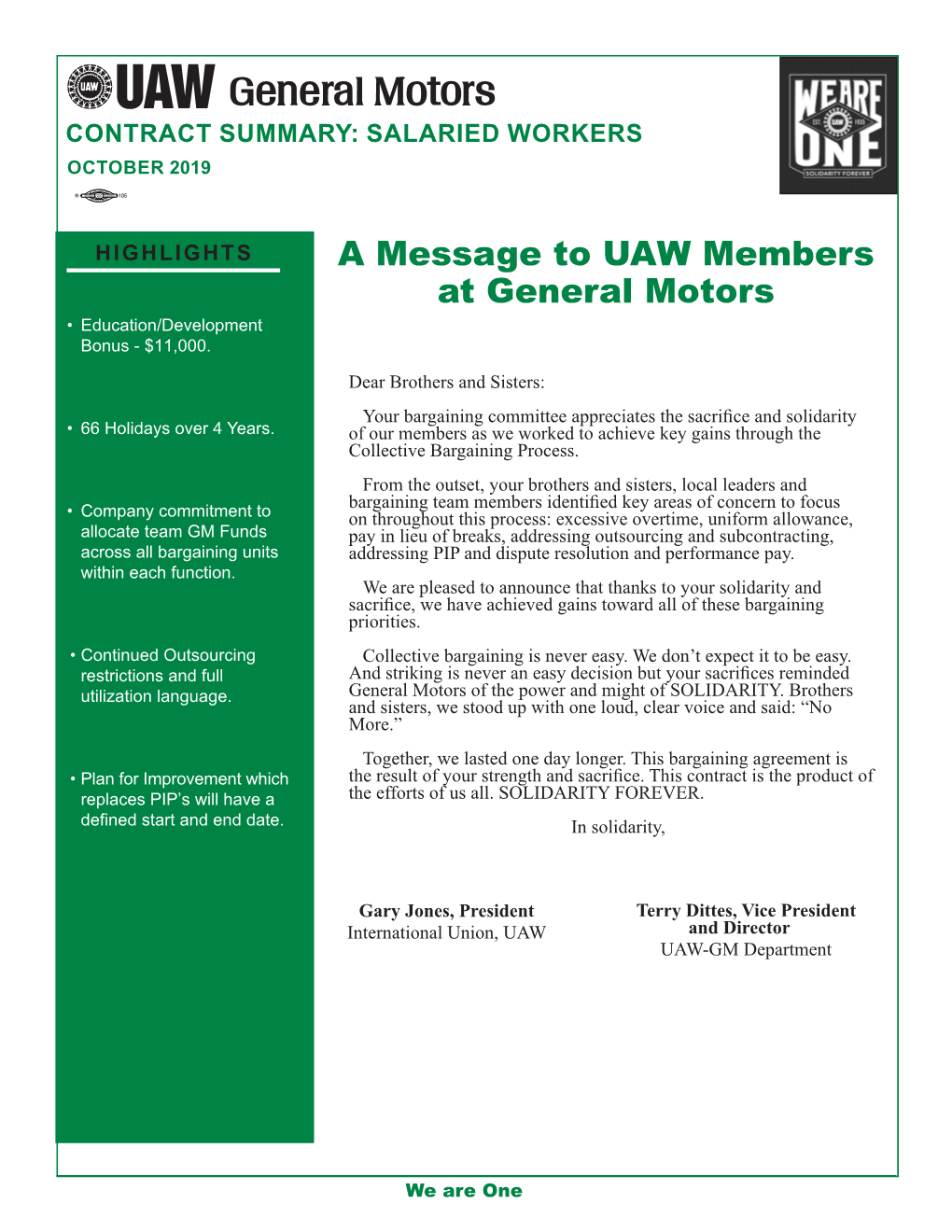 A Message to UAW Members at General Motors • Education/Development Bonus - $11,000