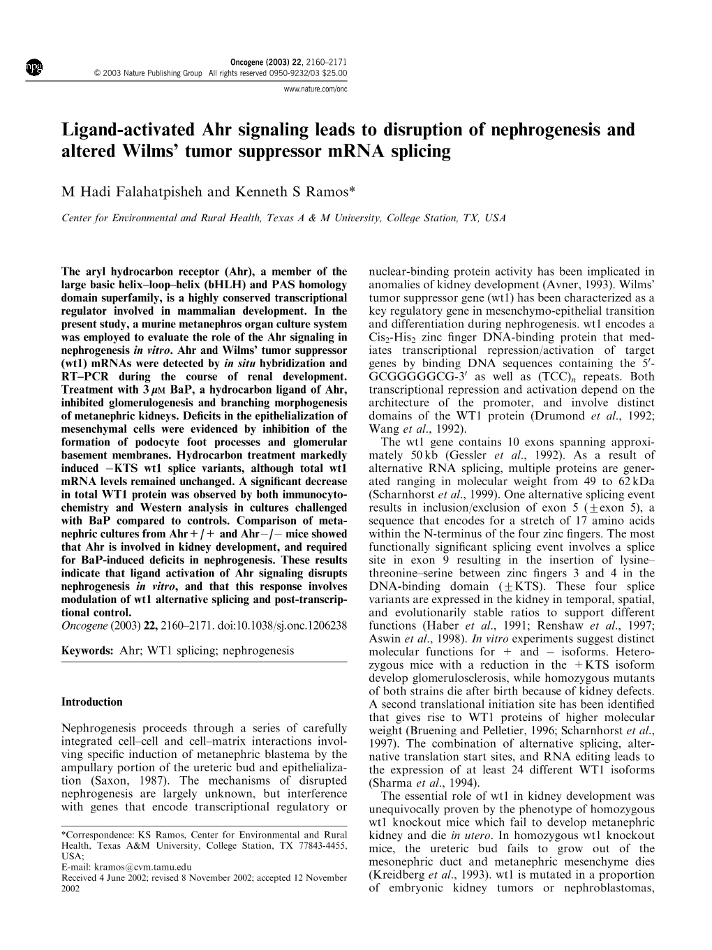 Ligand-Activated Ahr Signaling Leads to Disruption of Nephrogenesis and Altered Wilms' Tumor Suppressor Mrna Splicing