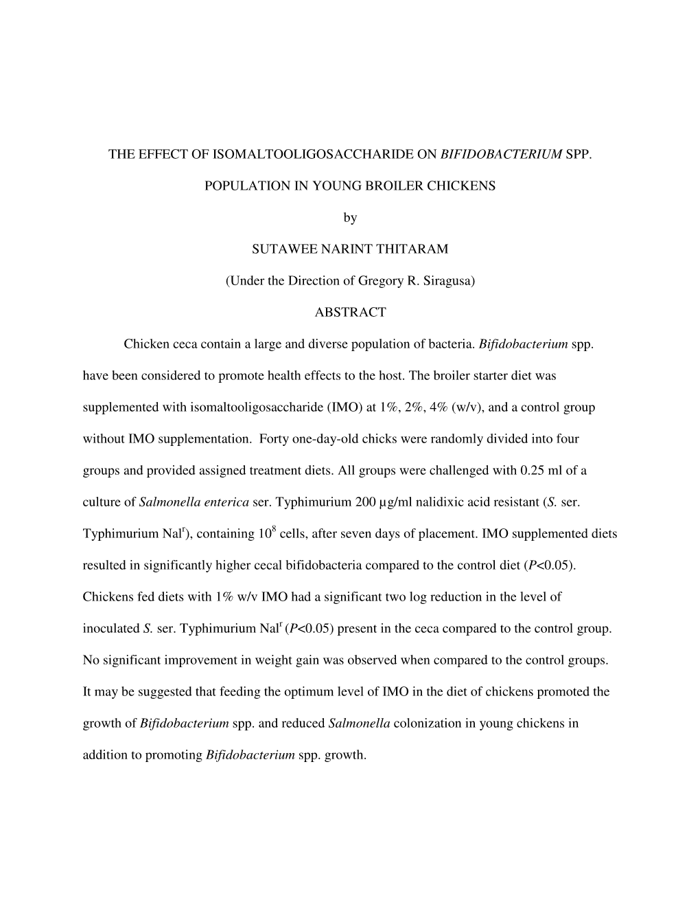 The Effect of Isomaltooligosaccharide on Bifidobacterium Spp