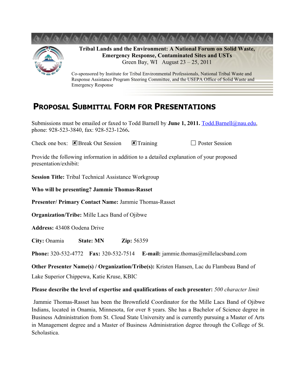 Proposal Submittal FORM for PRESENTATIONS