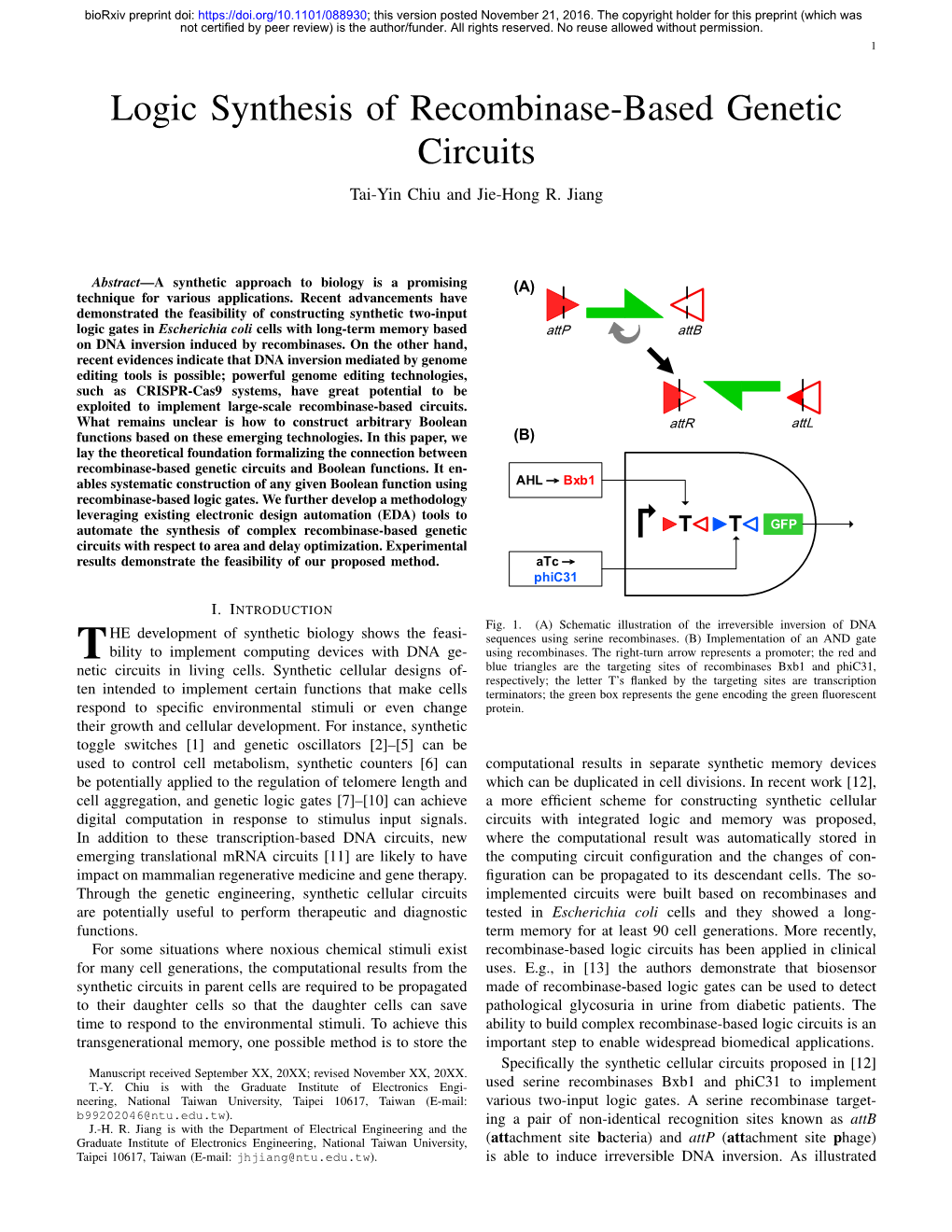 Logic Synthesis of Recombinase-Based Genetic Circuits Tai-Yin Chiu and Jie-Hong R