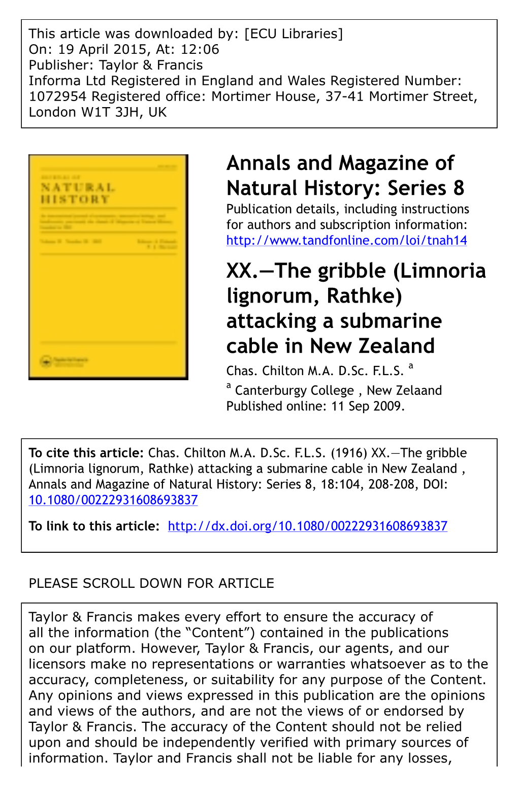 Limnoria Lignorum, Rathke) Attacking a Submarine Cable in New Zealand Chas