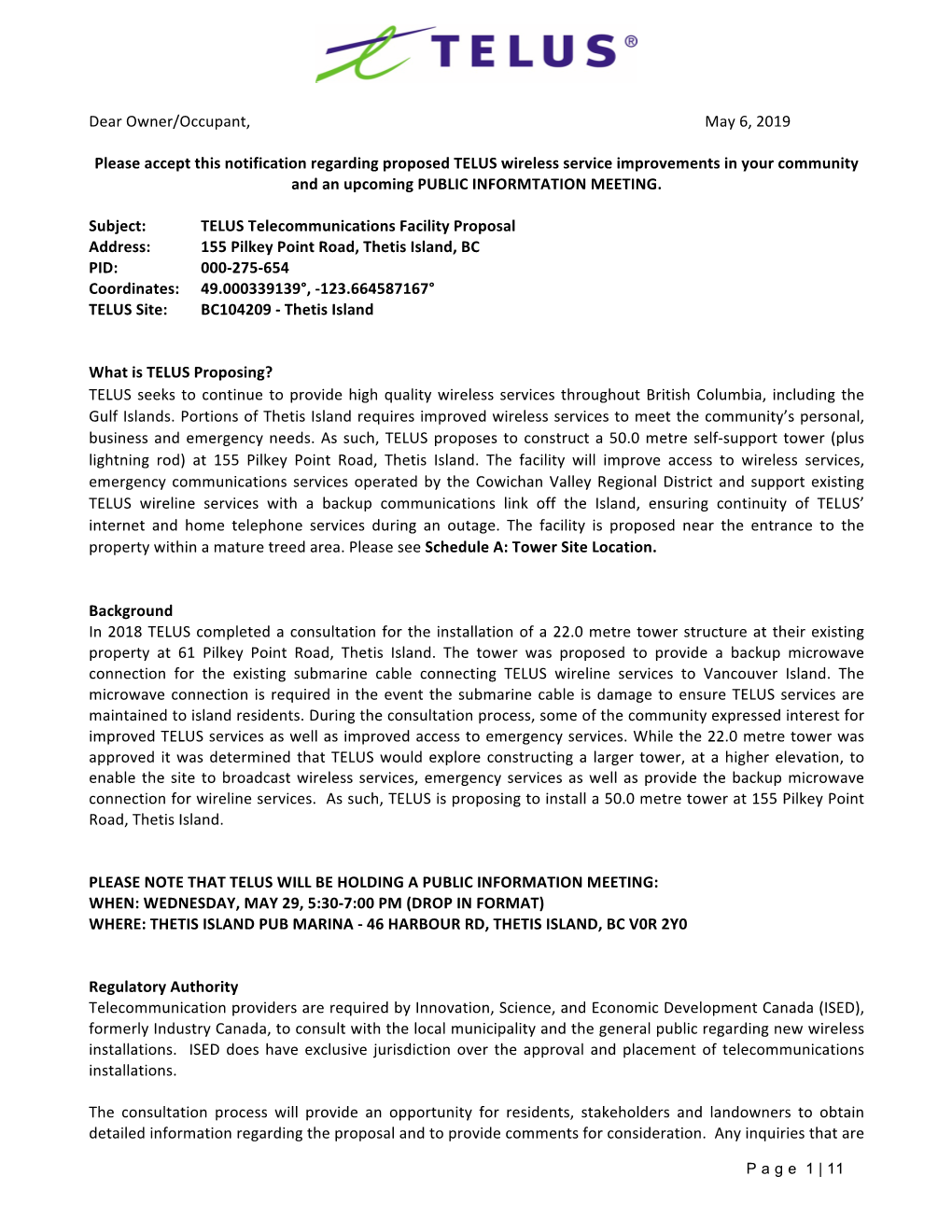 Dear Owner/Occupant, May 6, 2019 Please Accept This Notification Regarding Proposed TELUS Wireless Service Improvements in Y