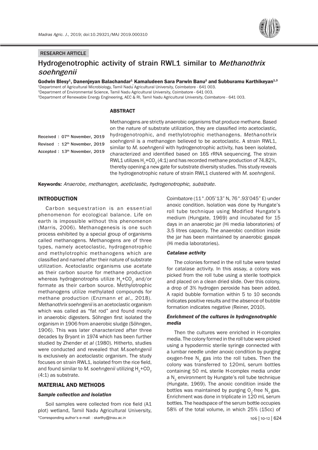 Hydrogenotrophic Activity of Strain RWL1 Similar to Methanothrix Soehngenii