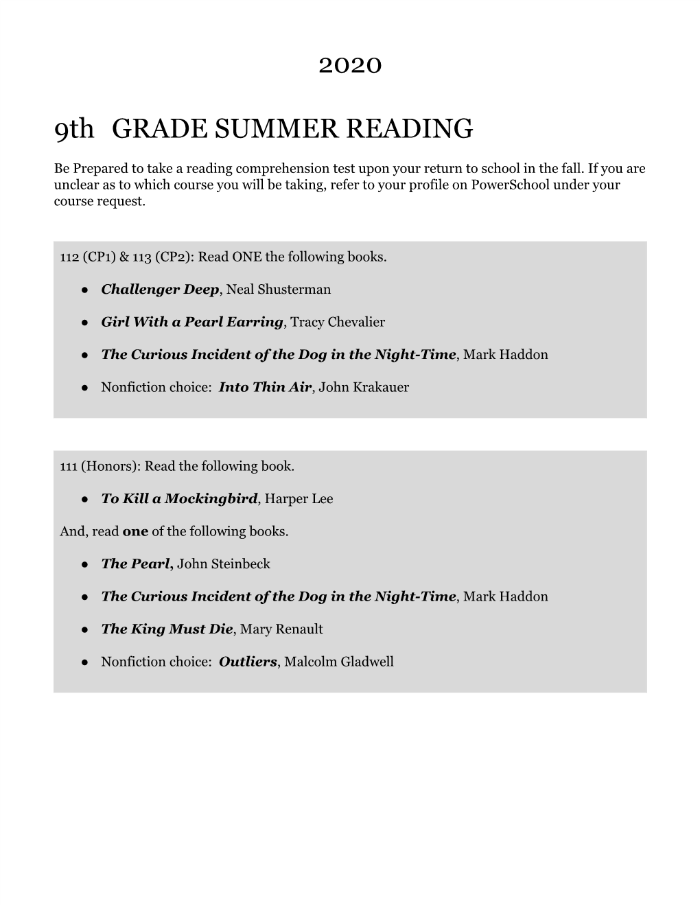 2020 9Th ​-​GRADE SUMMER READING