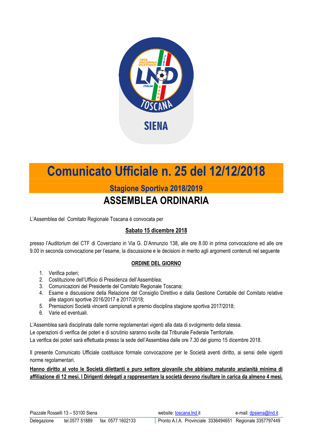 Comunicato Ufficiale N. 25 Del 12/12/2018