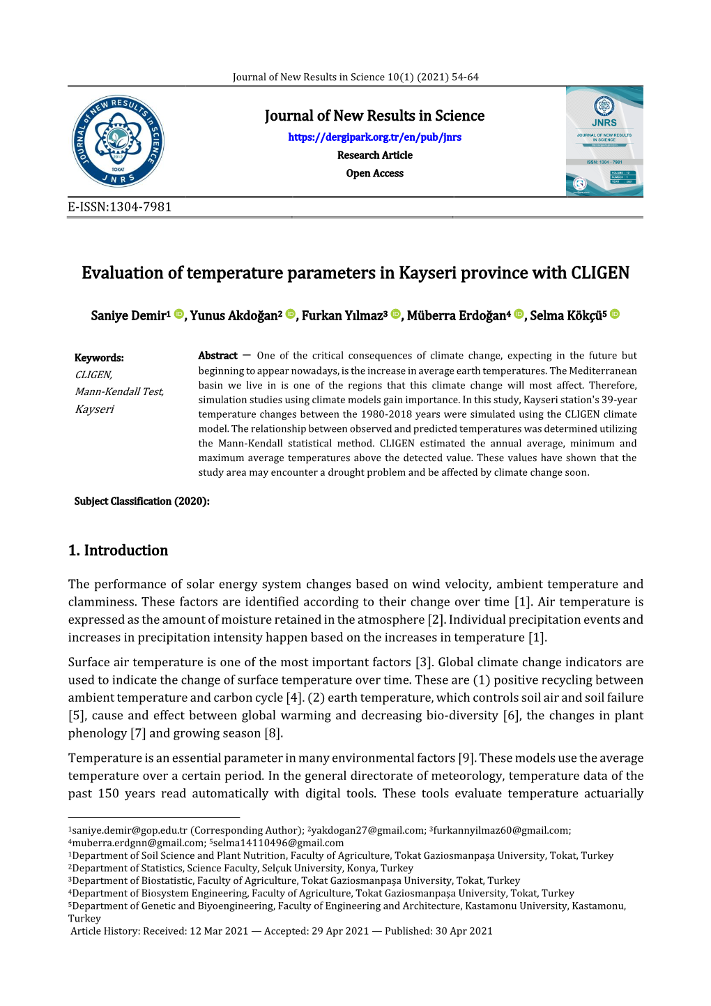 Evaluation of Temperature Parameters in Kayseri Province with CLIGEN