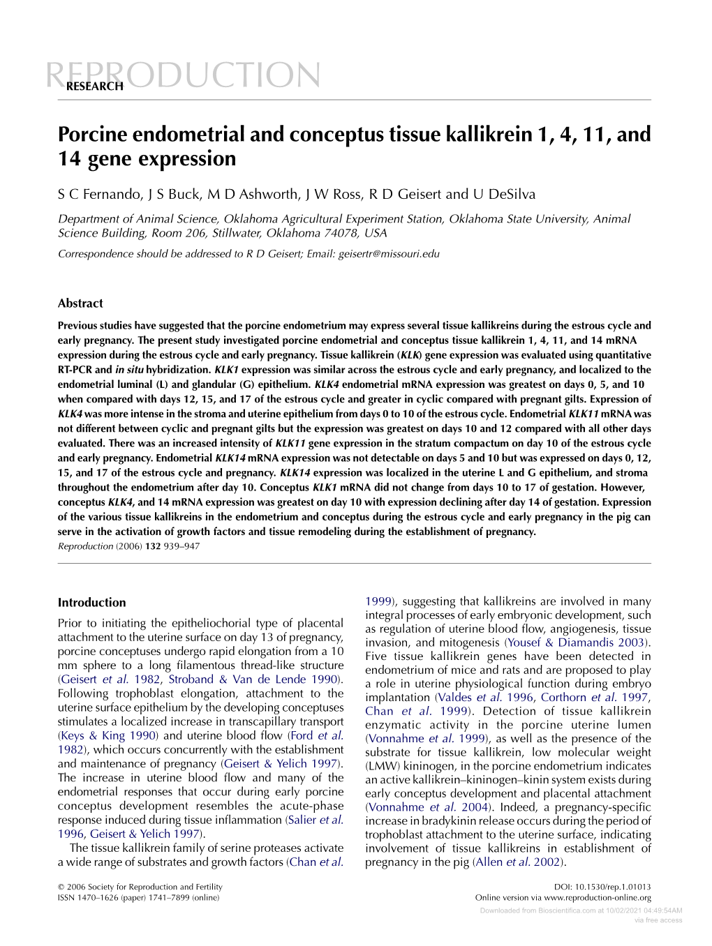 Porcine Endometrial and Conceptus Tissue Kallikrein 1, 4, 11, and 14 Gene Expression