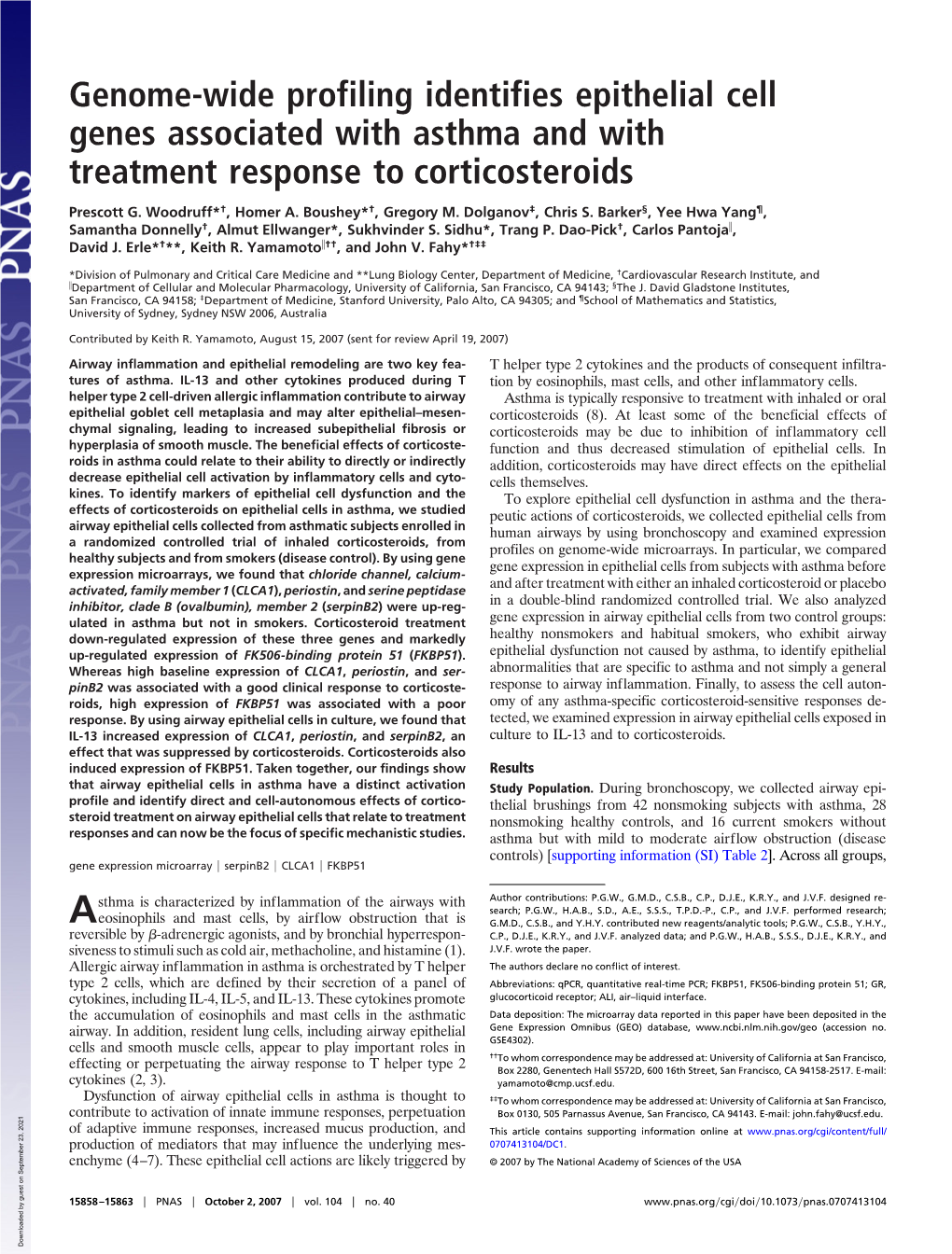 Genome-Wide Profiling Identifies Epithelial Cell Genes Associated with Asthma and with Treatment Response to Corticosteroids