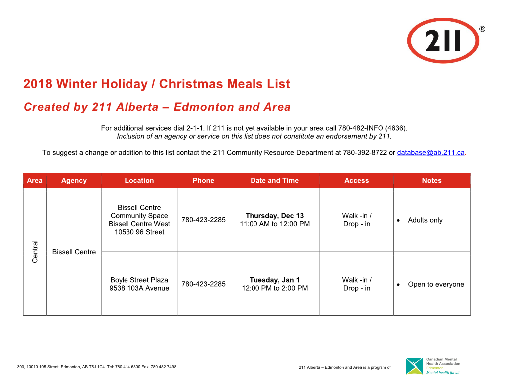 2018 Winter Holiday / Christmas Meals List Created by 211 Alberta – Edmonton and Area