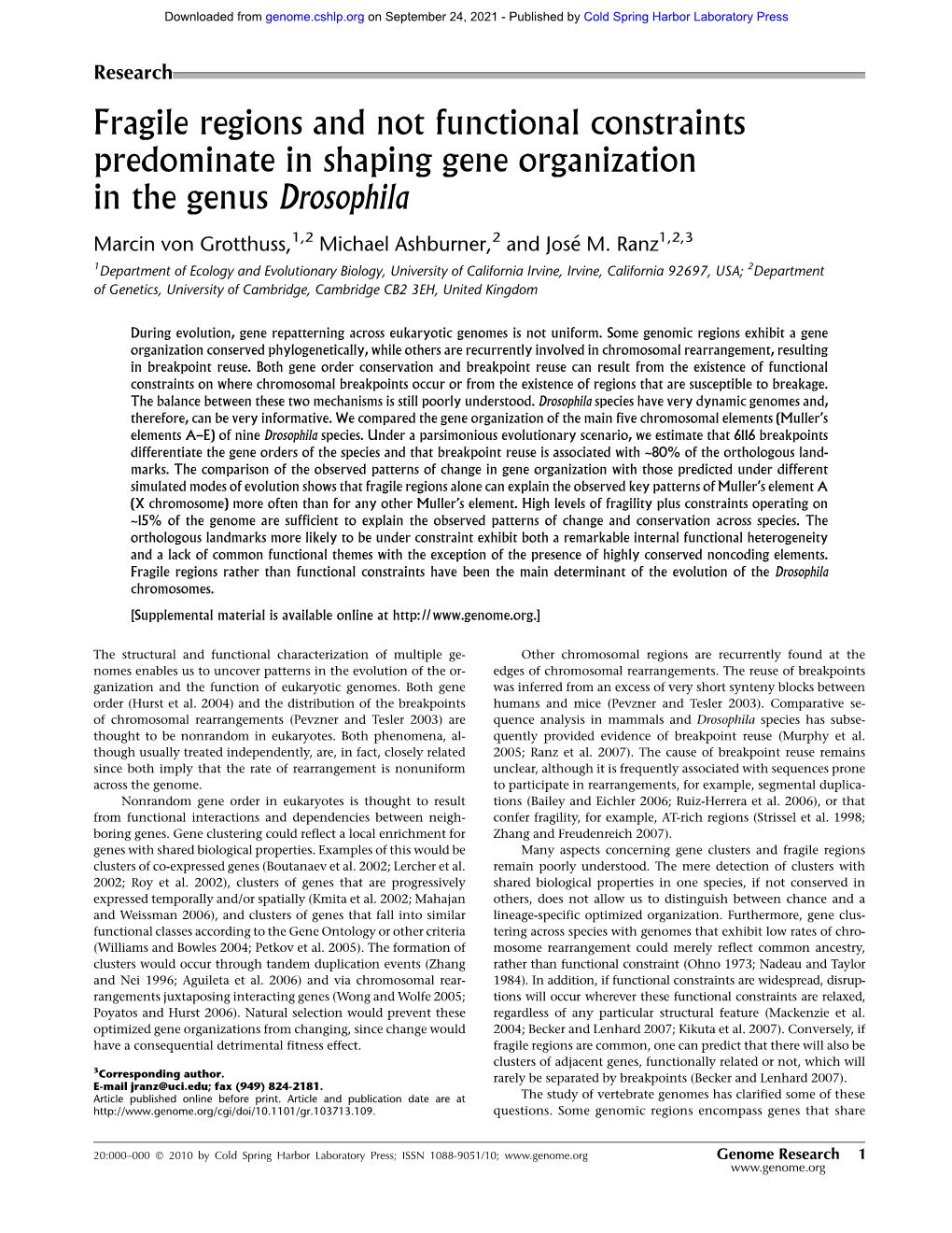 Fragile Regions and Not Functional Constraints Predominate in Shaping Gene Organization in the Genus Drosophila