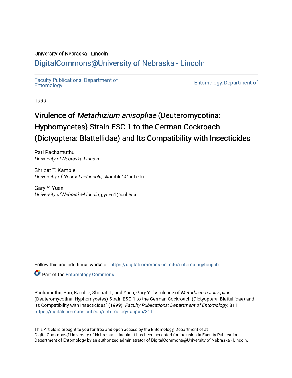 Virulence of <I>Metarhizium Anisopliae</I> (Deuteromycotina