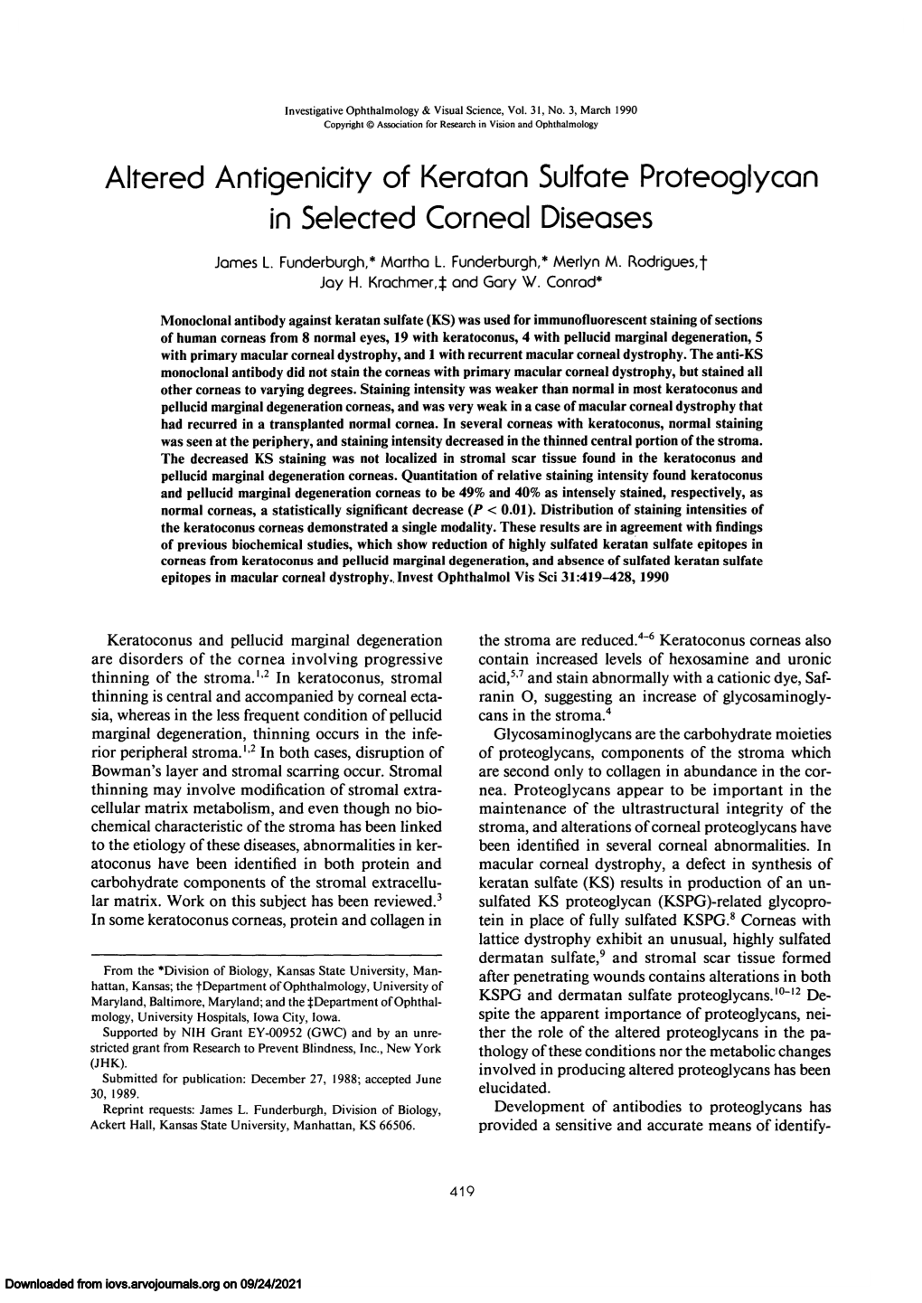 Altered Antigenicify of Keraton Sulfare Proreoglycan in Selected Corneal Diseases