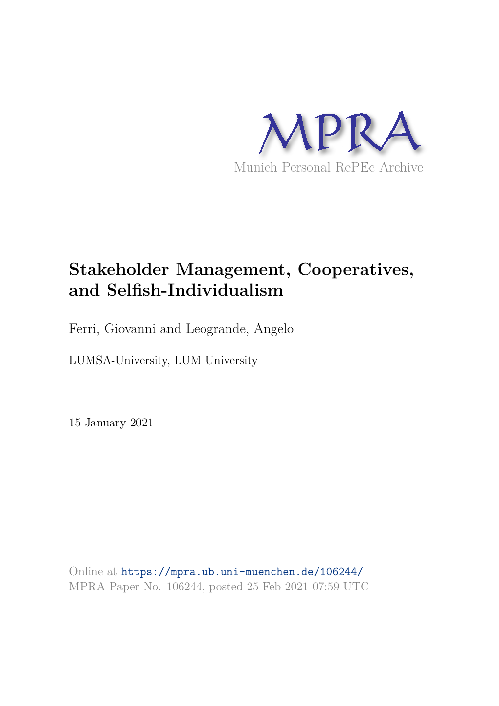 03-01-2020 Stakeholder Management, Cooperatives, and Selfish-Individualism 1131